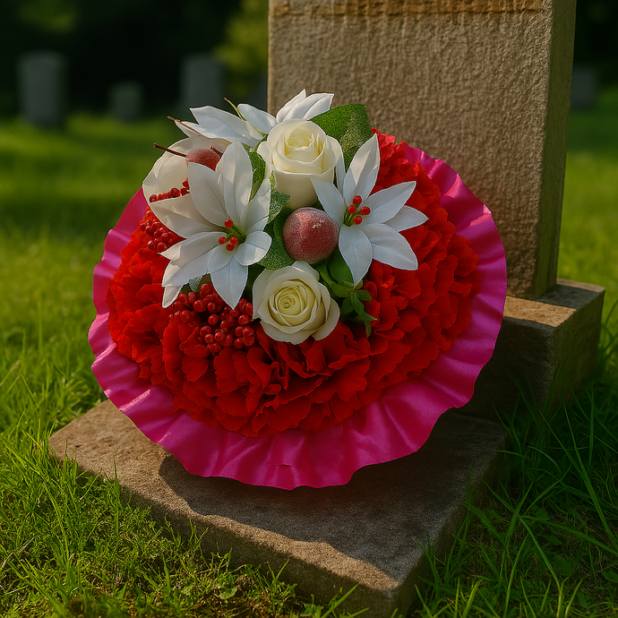 Decorative floral arrangement on a gravestone with red and pink colors.