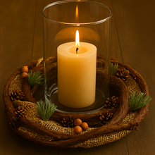 Candle in a glass holder on a decorative tray with pine cones and evergreen branches on a wooden surface.