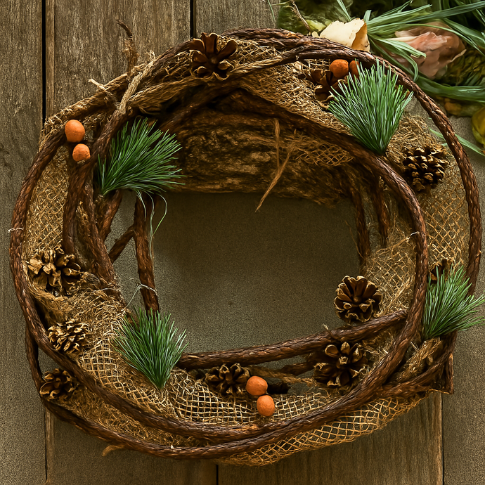 Decorative wreath with natural elements on a wooden door