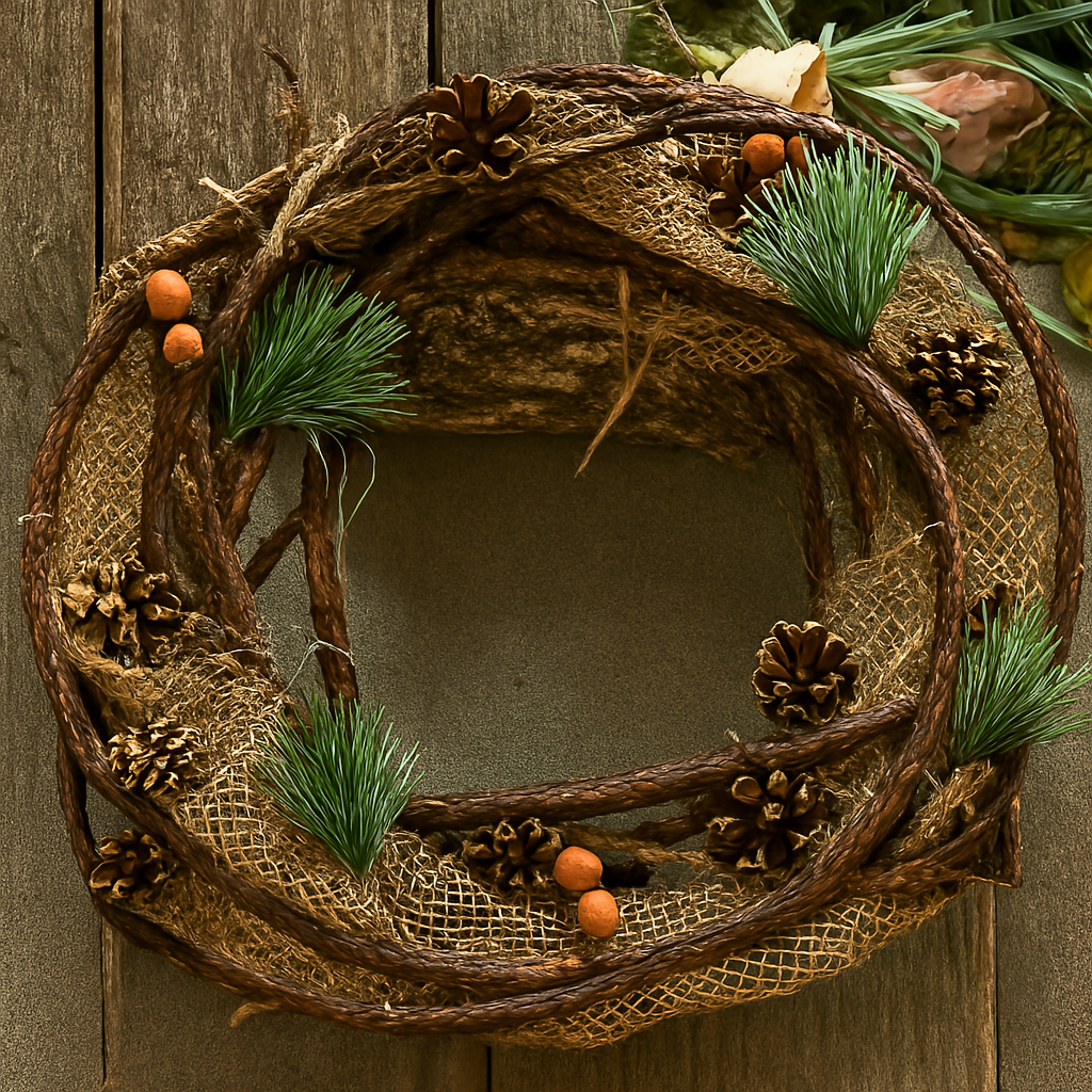 Decorative wreath with natural elements on a wooden door