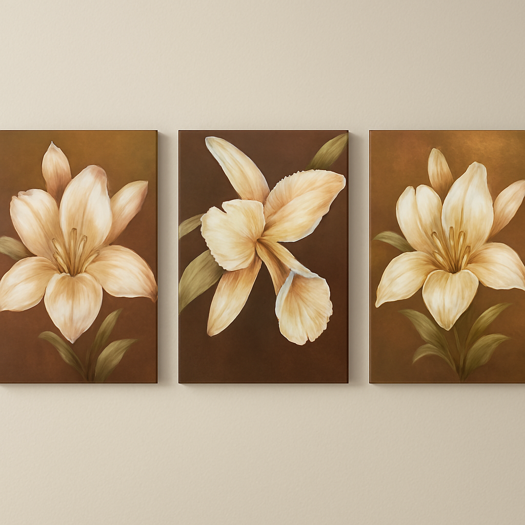 Three floral paintings of beige flowers on brown backgrounds hanging on a wall.