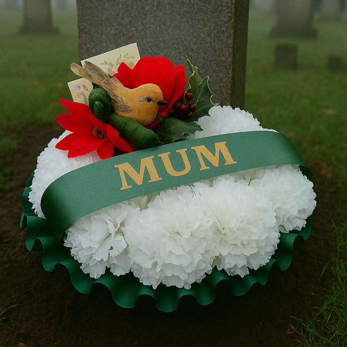 Floral arrangement with a 'MUM' ribbon on a gravestone in a cemetery