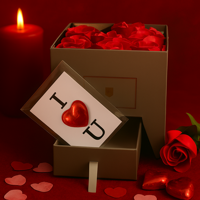 Luxury soap Rose Gift Box with Foil Chocolate Heart ideal as Romantic Valentine’s gift