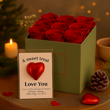 Red faux silk Rose flowers in grey hat box with red foiled chocolate heart