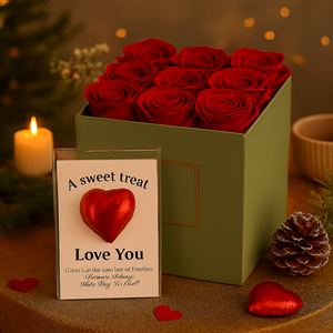Red faux silk Rose flowers in grey hat box with red foiled chocolate heart