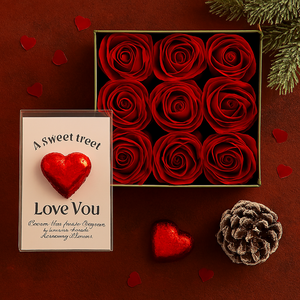 Red faux silk Rose flowers in grey hat box with red foiled chocolate heart