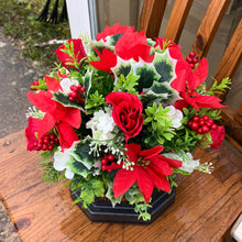 a christmas grave side memorial arrangement with red & white flowers