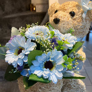 Child graveside memorial teddy with pink or blue flower arrangement