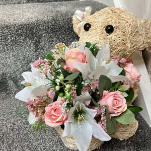 Child graveside memorial teddy with pink or blue rose flowers