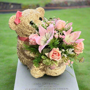Child graveside memorial teddy with pink or yellow/blue/cream flowers