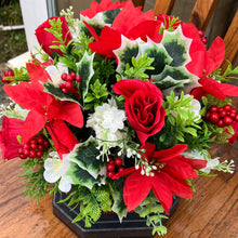a christmas grave side memorial arrangement with red & white flowers