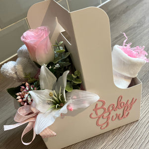 New baby girl flower arrangement plus booties & teddy
