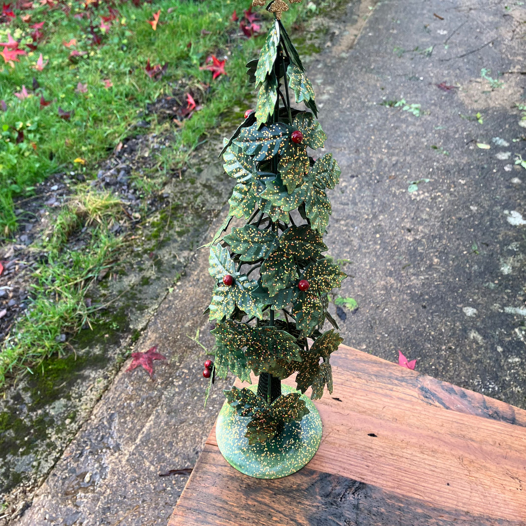 Handcrafted tin Holly in the shape of a christmas tree