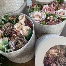 Artificial flowers in hat box - mauve and pink