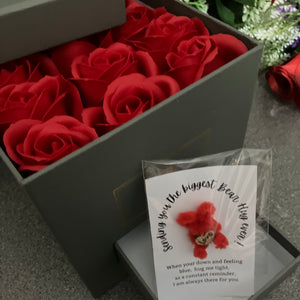 12 red Rose Soap flowers in grey hat box with tiny teddy gift