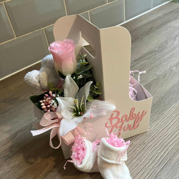 New baby girl flower arrangement plus booties & flannel teddy