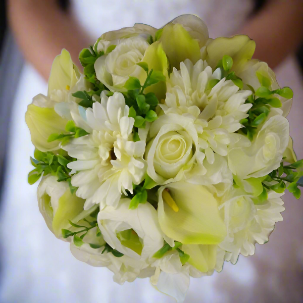 WEDDING BOUQUET of artificial silk ivory hydrangea, calla, rose flowers