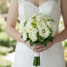 a wedding bouquet of artificial silk ivory hydrangea, calla and rose flowers
