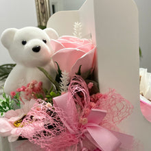 pamper hamper gift, Jumbo bath bomb, teddy and soap flower arrangement