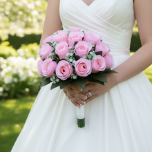 A wedding bouquet collection featuring pink roses and gyp