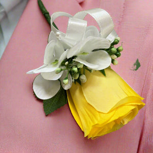 A wedding bouquet collection of yellow and ivory silk flowers