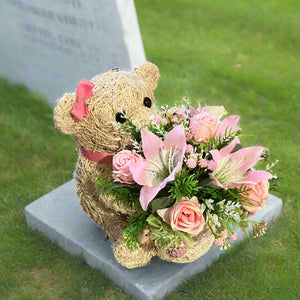 Child graveside memorial teddy with pink or yellow/blue/cream flowers