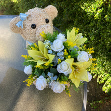 Child graveside memorial teddy with pink or yellow/blue/cream flowers