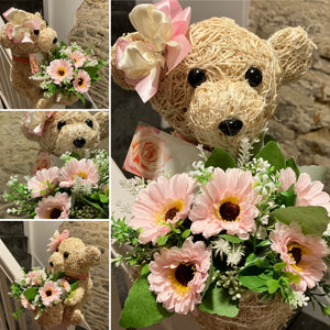 Child graveside memorial teddy with pink or blue flower arrangement