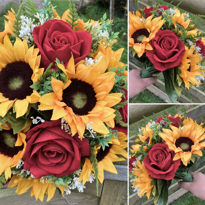 a wedding bouquet featuring artificial red roses, gyp & sunflowers