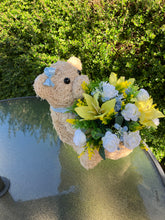 Child graveside memorial teddy with pink or yellow/blue/cream flowers