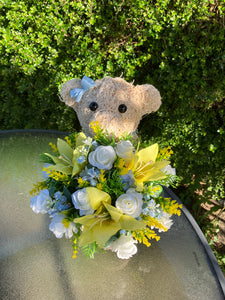 Child graveside memorial teddy with pink or yellow/blue/cream flowers