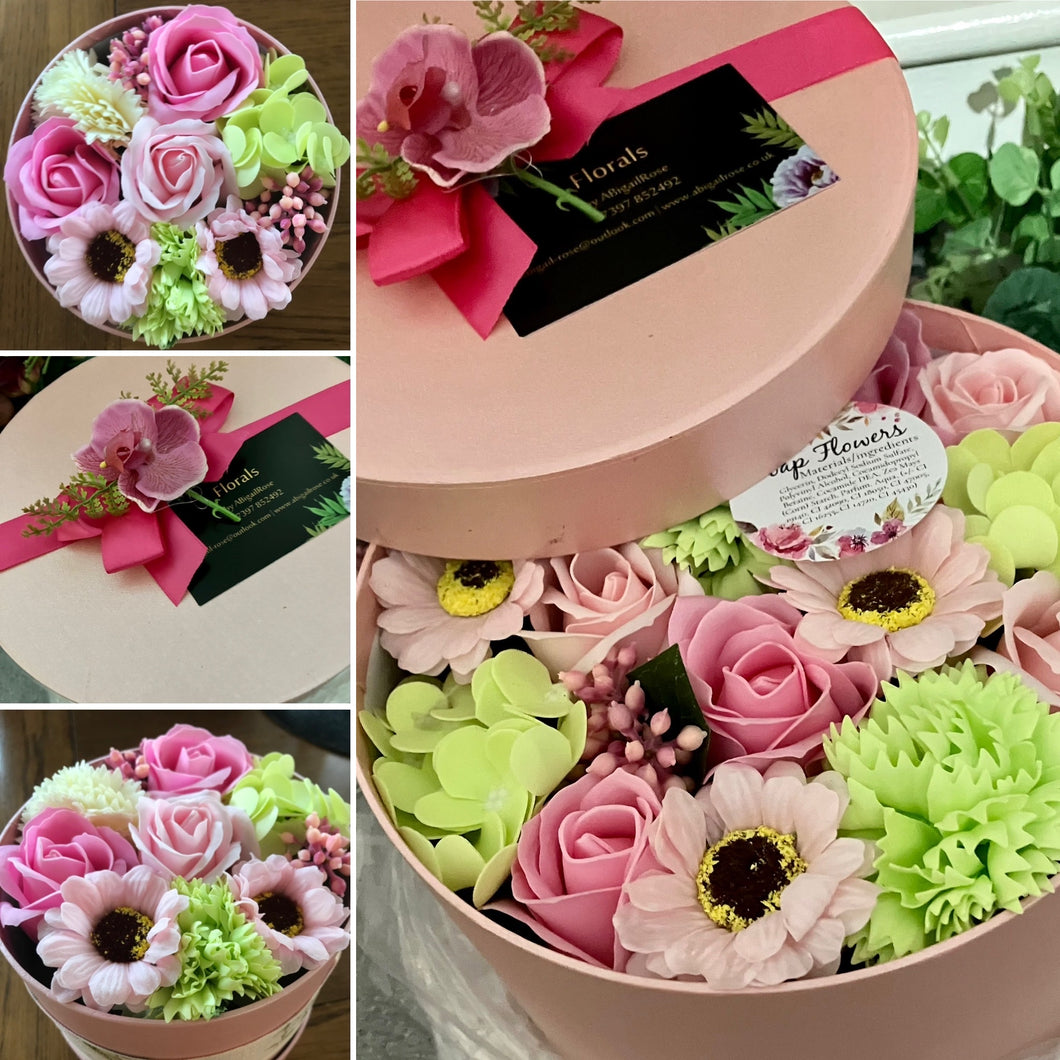 soap flowers in large hat box - pink
