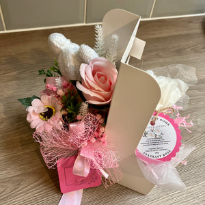 pamper gift, Jumbo bath bomb, towelling teddy and soap flower arrangement