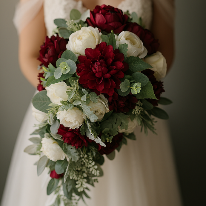 Bouquet of red and white flowers held by a person wearing a white dress.