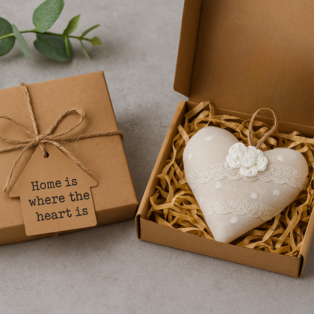 Home is Where the Heart Is – Handmade Fabric Heart Gift in Kraft Box | New Home or Thinking of You Gift
