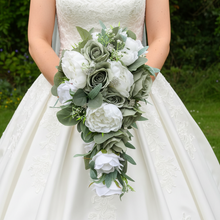 A teardrop wedding bouquet collection featuring sage and white roses