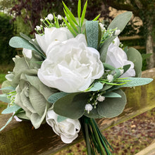 A teardrop wedding bouquet collection featuring sage and white roses