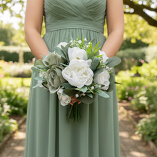 A teardrop wedding bouquet collection featuring sage and white roses