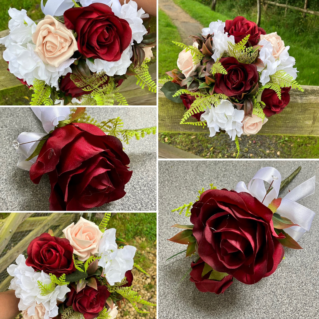 A bridesmaids or small brides bouquet featuring burgundy, mocha & white flowers