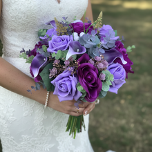 Purple Rose & Calla Lily Wedding Bouquet – Artificial Bridal Bouquet with Eucalyptus, Purple & Lilac Roses – Rustic Bride Bouquet,