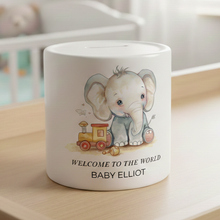 Personalised elephant and train Money Box Gift – Custom Name Keepsake