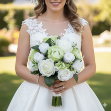 Artificial Bridal Bouquet – Green & White Rose Wedding Flowers, Silk Bride’s Bouquet with green Ribbon Wrap