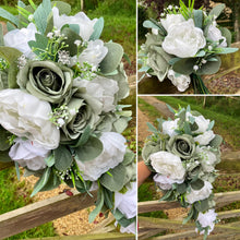 A teardrop wedding bouquet collection of artificial sage green and white roses