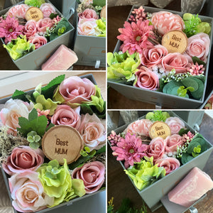 flower arrangement in grey hat box - pink
