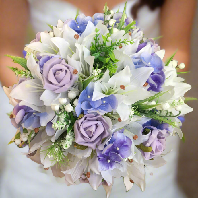 Artificial wedding bouquet collection of Ivory and lilac rose lily and hydrangea flowers