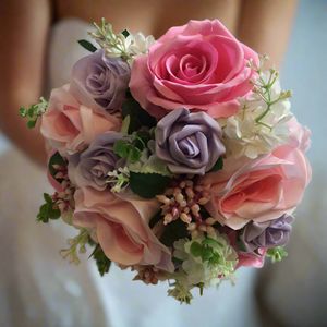 A wedding bouquet collection of artificial faux silk pink & lilac roses & crystals