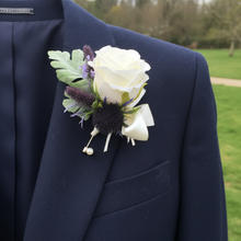 pin on corsage - featuring an artificial silk rose and thistle heads