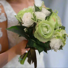 Artificial Bridal Bouquet – Green & White Rose Wedding Flowers, Silk Bride’s Bouquet with green Ribbon Wrap