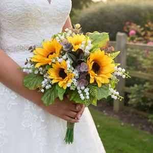 hunter green bridesmaid dresses with sleeves A wedding bouquet of artificial sunflowers and lily of the valley –  AbigailRose