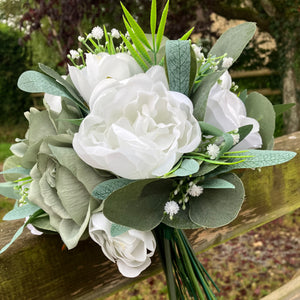 A teardrop wedding bouquet collection of artificial sage green and white roses